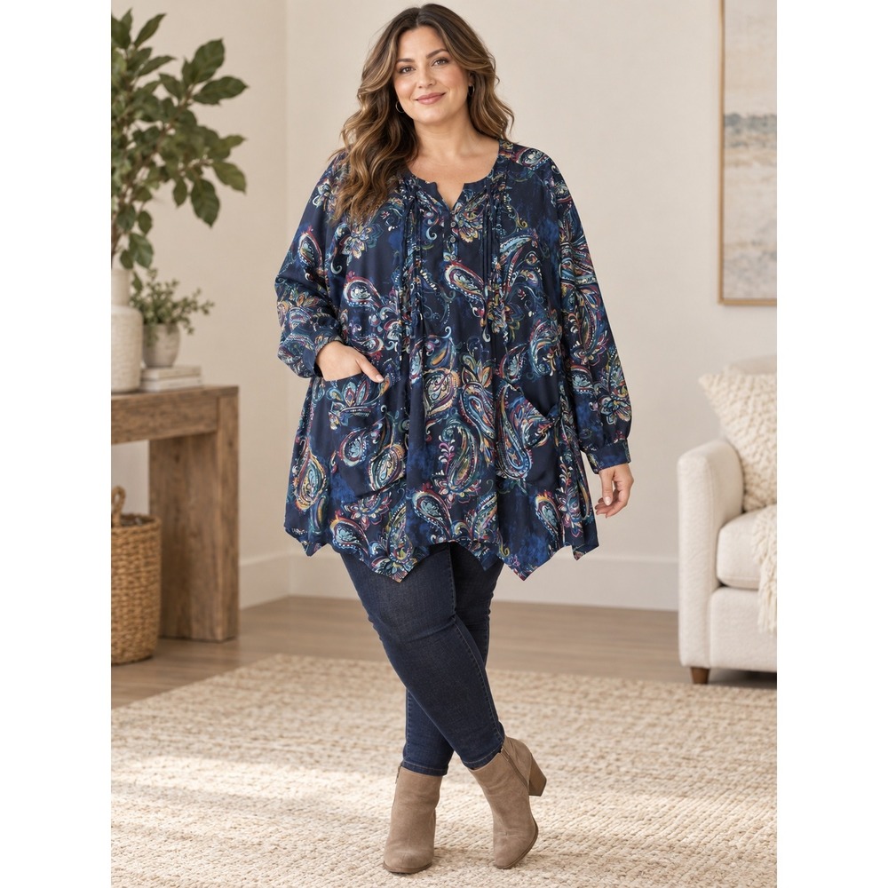 Melissa McCarthy Seven7 Tunic Women 2X Navy Blue Paisley Boho Pintuck Peasant